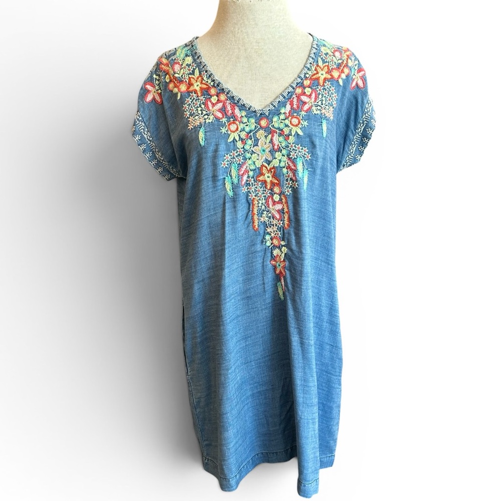 AP.NY Women’s FloralEmbroidered V-Neck IndigoTunic Top Boho Beach wear